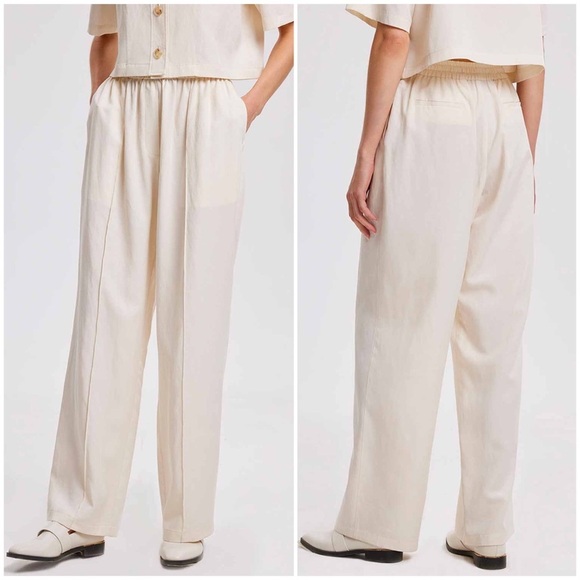 Lattelier Linen Cotton Drawstring Straight Leg Cream Pants - Picture 1 of 14